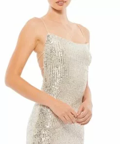 Ieena For Mac Duggal Stretch Sequin Lace Up Back Evening Gown