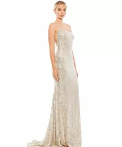 Ieena For Mac Duggal Stretch Sequin Lace Up Back Evening Gown