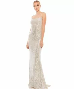 Ieena For Mac Duggal Stretch Sequin Lace Up Back Evening Gown