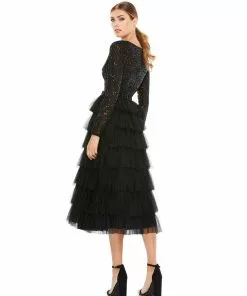 Ieena For Mac Duggal Shop For Black Sequined Layered Tulle A-Line Cocktail Dress