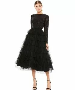 Ieena For Mac Duggal Shop For Black Sequined Layered Tulle A-Line Cocktail Dress
