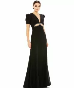 Ieena For Mac Duggal Puff Sleeve Embellished Cutout Evening Gown
