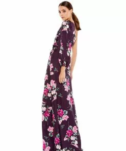 Ieena For Mac Duggal Plum Floral Print One Sleeve Gown