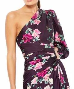 Ieena For Mac Duggal Plum Floral Print One Sleeve Gown