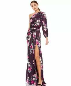 Ieena For Mac Duggal Plum Floral Print One Sleeve Gown