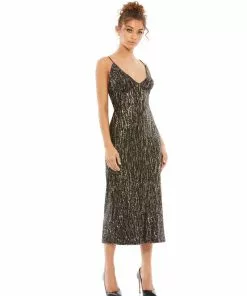 Ieena For Mac Duggal Shop For Sequined Metallic V-Neck Midi Dress