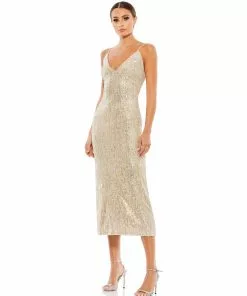 Ieena For Mac Duggal Shop For Sequined Metallic V-Neck Midi Dress