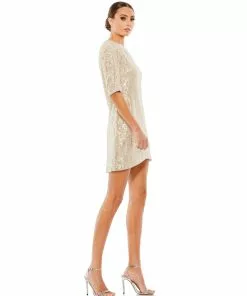 Ieena For Mac Duggal Metallic Sequined Short Sleeve Shift Dress