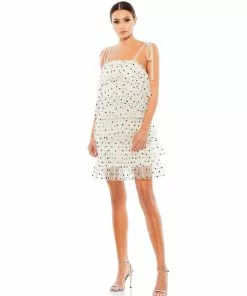 Ieena For Mac Duggal Short Dresses White Layered Polka Dot Ruffle Cocktail Dress | Final Sale
