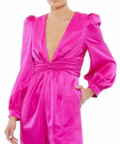 Ieena For Mac Duggal Long Sleeve Ruched Plunging Neck Jumpsuit