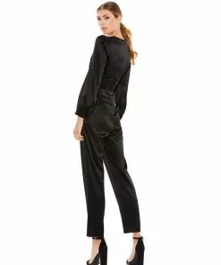 Ieena For Mac Duggal Long Sleeve Ruched Plunging Neck Jumpsuit