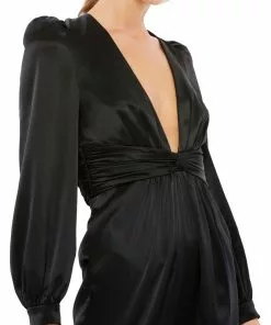 Ieena For Mac Duggal Long Sleeve Ruched Plunging Neck Jumpsuit