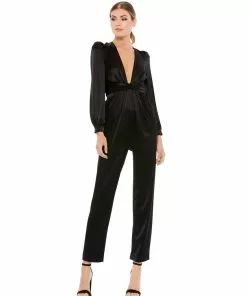 Ieena For Mac Duggal Long Sleeve Ruched Plunging Neck Jumpsuit