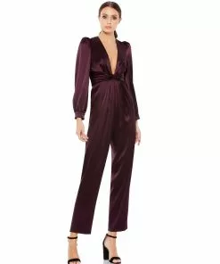Ieena For Mac Duggal Long Sleeve Ruched Plunging Neck Jumpsuit