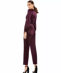 Ieena For Mac Duggal Long Sleeve Ruched Plunging Neck Jumpsuit