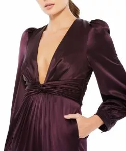 Ieena For Mac Duggal Long Sleeve Ruched Plunging Neck Jumpsuit