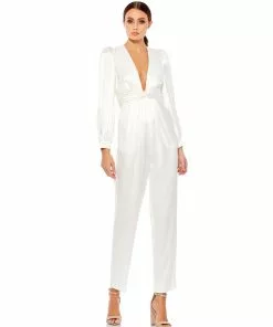 Ieena For Mac Duggal Long Sleeve Ruched Plunging Neck Jumpsuit