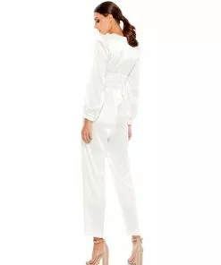 Ieena For Mac Duggal Long Sleeve Ruched Plunging Neck Jumpsuit