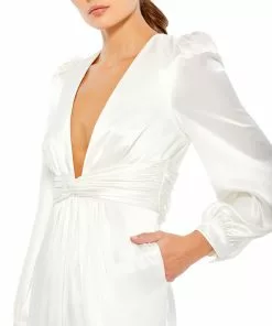 Ieena For Mac Duggal Long Sleeve Ruched Plunging Neck Jumpsuit