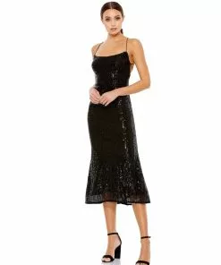 Ieena For Mac Duggal Stretch Sequin Midi Dress W/ Lace Up Back