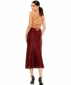 Ieena For Mac Duggal Stretch Sequin Midi Dress W/ Lace Up Back