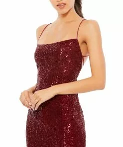 Ieena For Mac Duggal Stretch Sequin Midi Dress W/ Lace Up Back