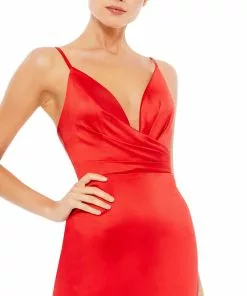 Mac Duggal Short Dresses Red Plunging Faux Wrap Charmeuse Mini Dress | Final Sale