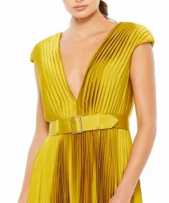 Ieena For Mac Duggal Pleated Cap Sleeve Belted A-Line Midi Dress 14 Ieena For Mac Duggal Pleated Cap Sleeve Belted A-Line Midi Dress
