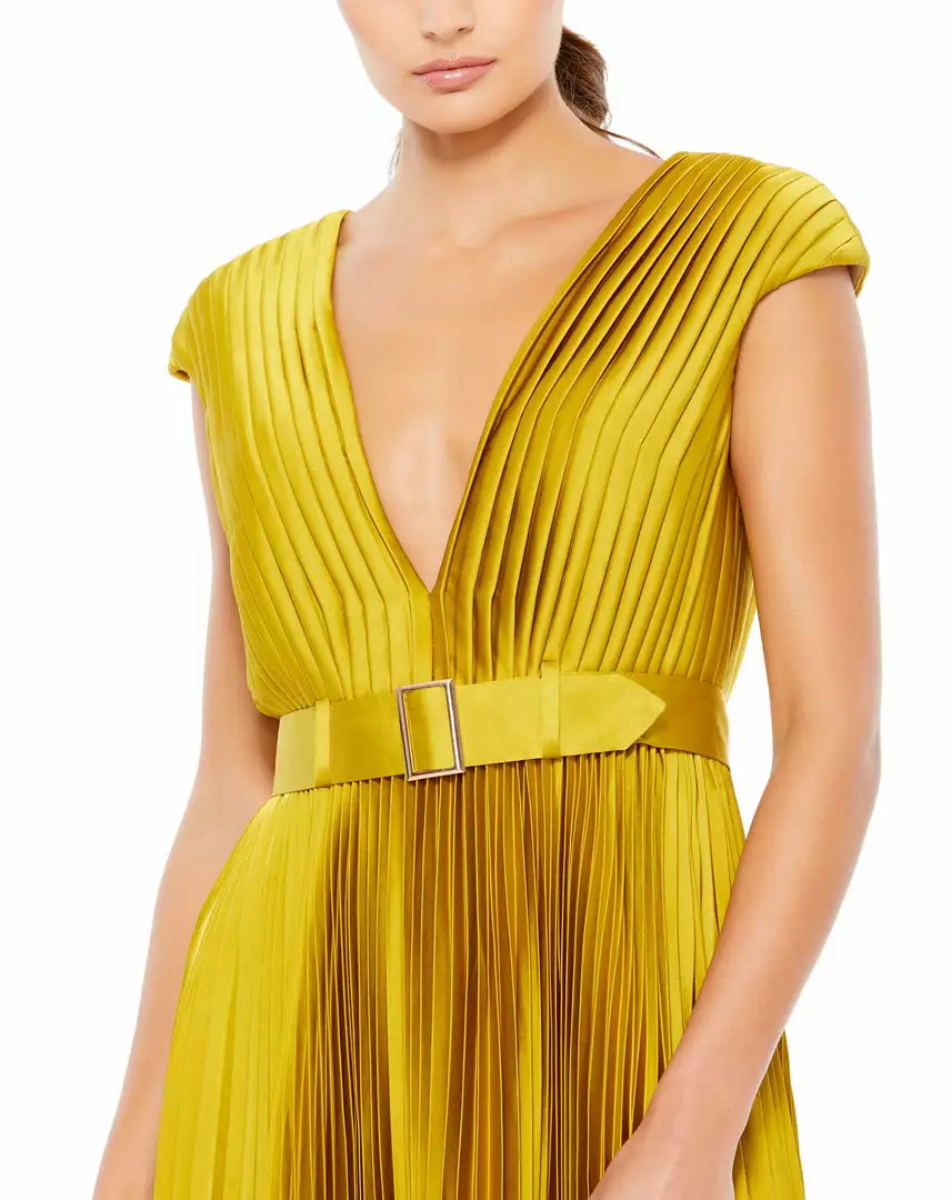 Ieena For Mac Duggal Pleated Cap Sleeve Belted A-Line Midi Dress 6 Ieena For Mac Duggal Pleated Cap Sleeve Belted A-Line Midi Dress