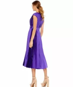 Ieena For Mac Duggal Pleated Cap Sleeve Belted A-Line Midi Dress