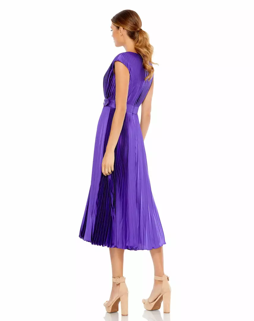 Ieena For Mac Duggal Pleated Cap Sleeve Belted A-Line Midi Dress 2 Ieena For Mac Duggal Pleated Cap Sleeve Belted A-Line Midi Dress