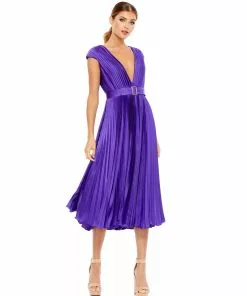 Ieena For Mac Duggal Pleated Cap Sleeve Belted A-Line Midi Dress