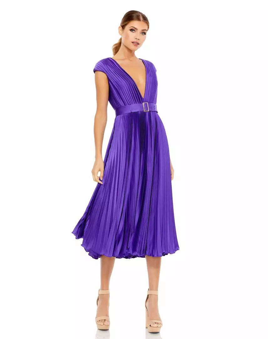 Ieena For Mac Duggal Pleated Cap Sleeve Belted A-Line Midi Dress 1 Ieena For Mac Duggal Pleated Cap Sleeve Belted A-Line Midi Dress
