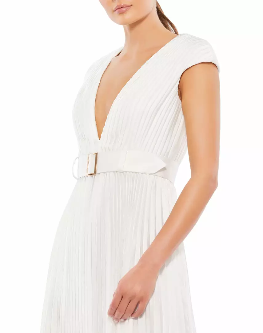 Ieena For Mac Duggal Pleated Cap Sleeve Belted A-Line Midi Dress 9 Ieena For Mac Duggal Pleated Cap Sleeve Belted A-Line Midi Dress