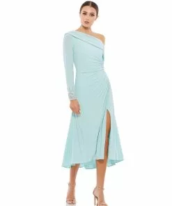 Ieena For Mac Duggal Foldover Long Sleeve Jeweled Midi Dress Shop For