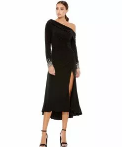 Ieena For Mac Duggal Foldover Long Sleeve Jeweled Midi Dress Shop For