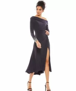Ieena For Mac Duggal Foldover Long Sleeve Jeweled Midi Dress Shop For