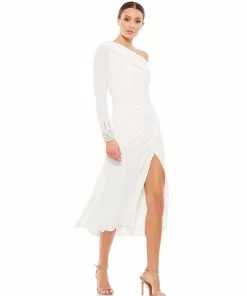 Ieena For Mac Duggal Foldover Long Sleeve Jeweled Midi Dress Shop For