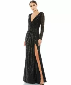 Ieena For Mac Duggal Long Sleeve Ruched Faux Wrap Sequined Gown