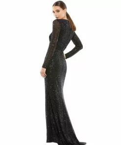 Ieena For Mac Duggal Long Sleeve Ruched Faux Wrap Sequined Gown