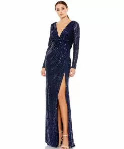 Ieena For Mac Duggal Long Sleeve Ruched Faux Wrap Sequined Gown