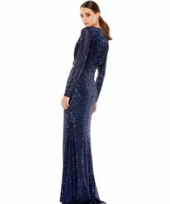 Ieena For Mac Duggal Long Sleeve Ruched Faux Wrap Sequined Gown