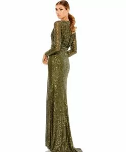 Ieena For Mac Duggal Long Sleeve Ruched Faux Wrap Sequined Gown