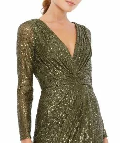 Ieena For Mac Duggal Long Sleeve Ruched Faux Wrap Sequined Gown