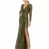 Ieena For Mac Duggal Long Sleeve Ruched Faux Wrap Sequined Gown