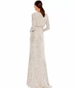 Ieena For Mac Duggal Long Sleeve Ruched Faux Wrap Sequined Gown