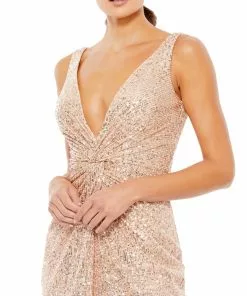 Ieena For Mac Duggal Front Twist Plunging Sequined Mini Dress