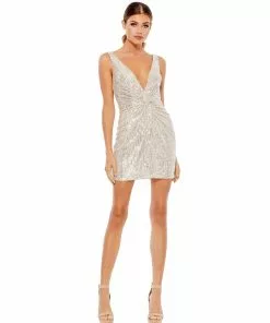 Ieena For Mac Duggal Front Twist Plunging Sequined Mini Dress