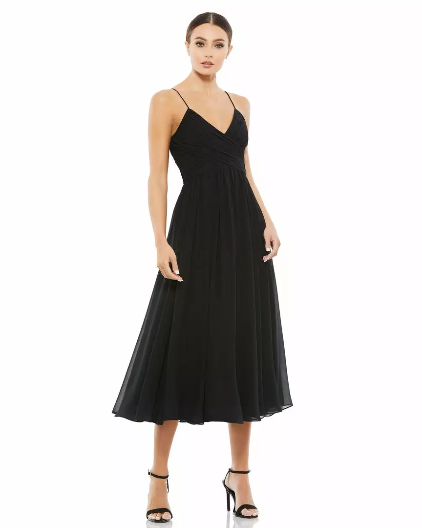 Ieena For Mac Duggal Ruched V-Neck Chiffon Pleated Midi Dress 1 Ieena For Mac Duggal Ruched V-Neck Chiffon Pleated Midi Dress