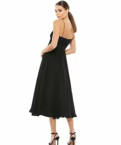 Ieena For Mac Duggal Ruched V-Neck Chiffon Pleated Midi Dress